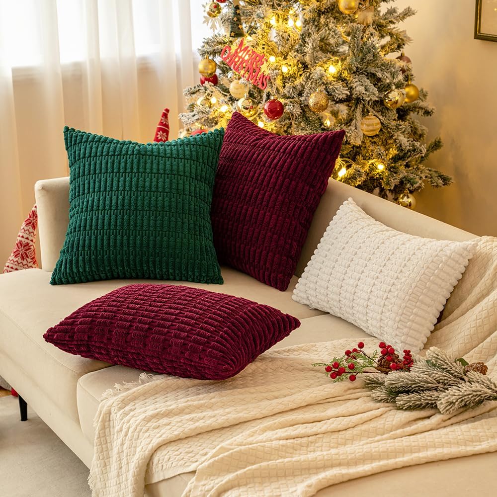 MIULEE Corduroy Decorative Lumbar Pillow Covers - Soft Boho Striped Design | 20x12 Inch, Pure White