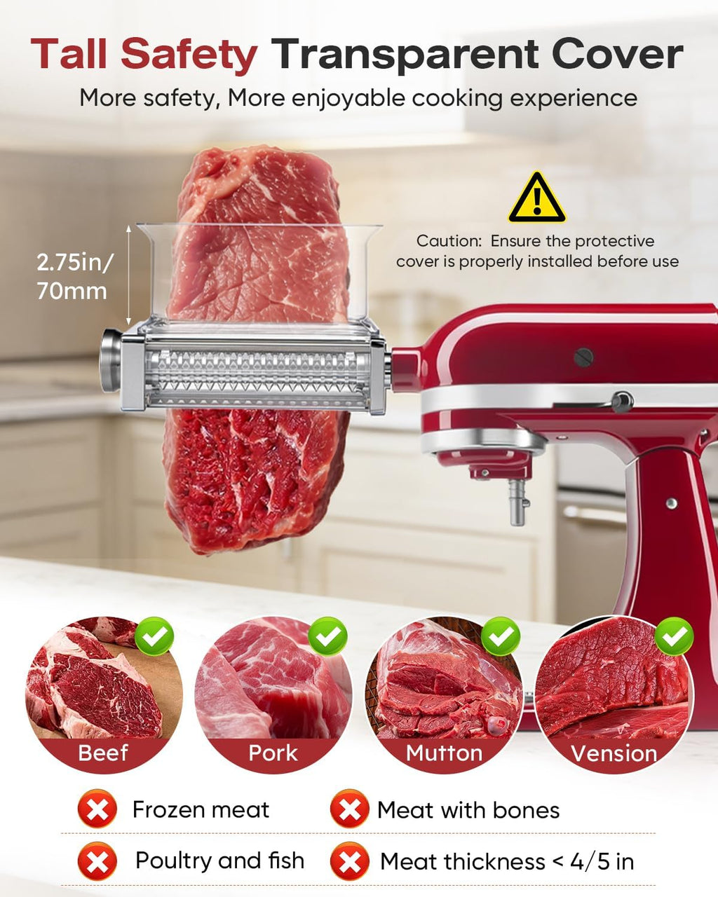 Skiennix Adjustable Meat Tenderizer Attachment - 3 Thickness Settings for KitchenAid Mixers | Durable Metal Wheel & Tall Chute