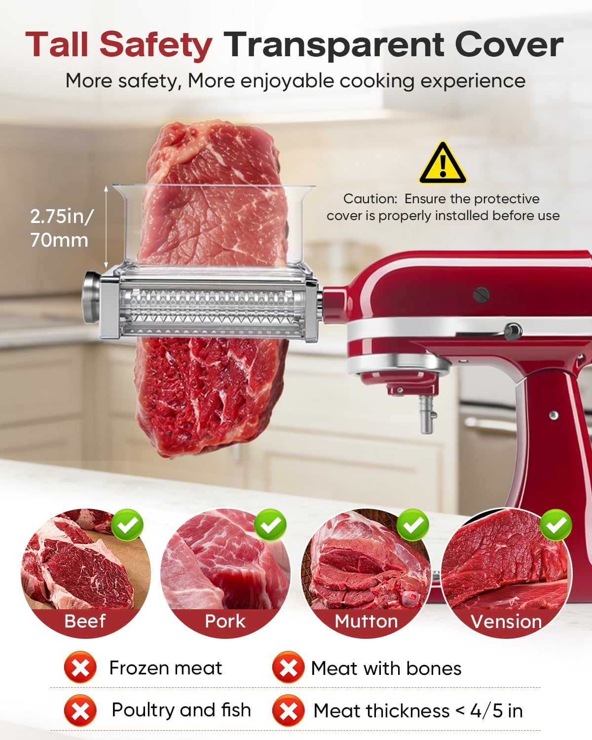 Skiennix Adjustable Meat Tenderizer Attachment - 3 Thickness Settings for KitchenAid Mixers | Durable Metal Wheel & Tall Chute