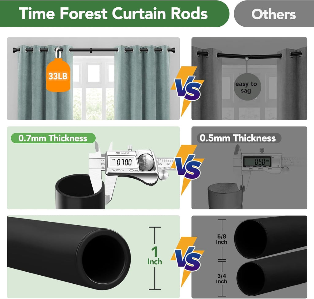 Time Forest Black Curtain Rods - Adjustable Heavy Duty Design for Windows 32 to 120 Inches | Modern Style