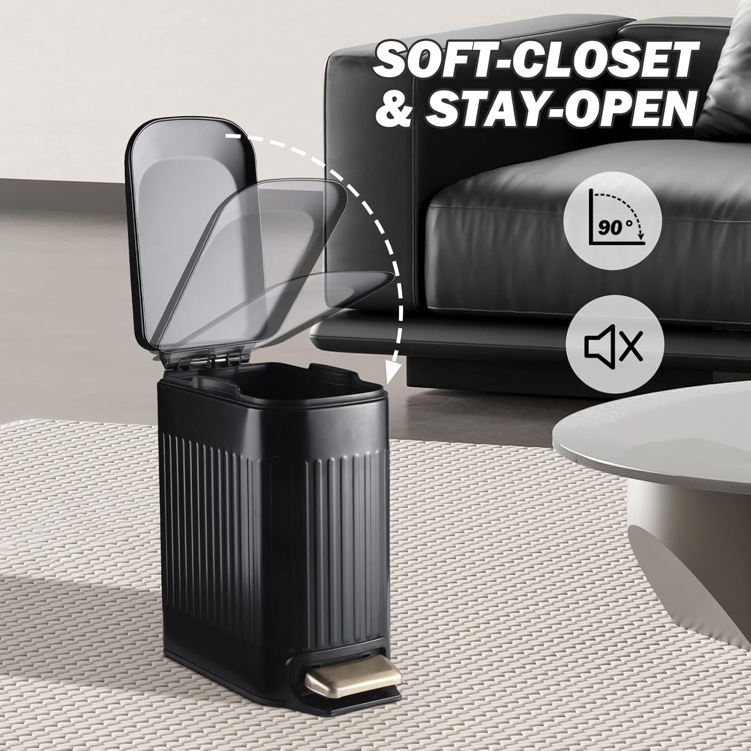 SYNCVIBE Slim Bathroom Trash Can - Foot-Operated Stainless Steel Bin with Soft Close Lid | 1.8 Gallons, Matt Black