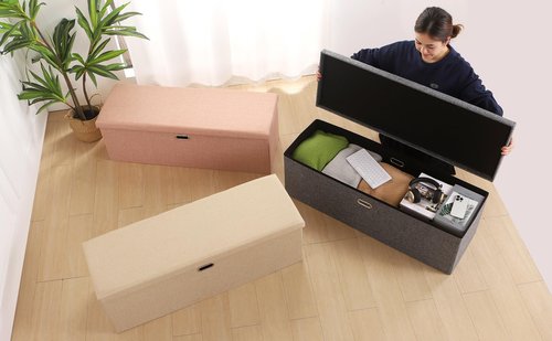 VECELO 43'' Folding Storage Ottoman Bench, End of Bed Linen Fabric Foot Rest Stool with Padded Seat, Large Footstools for Bedroom, Living Room, Load 660 lb, Pink