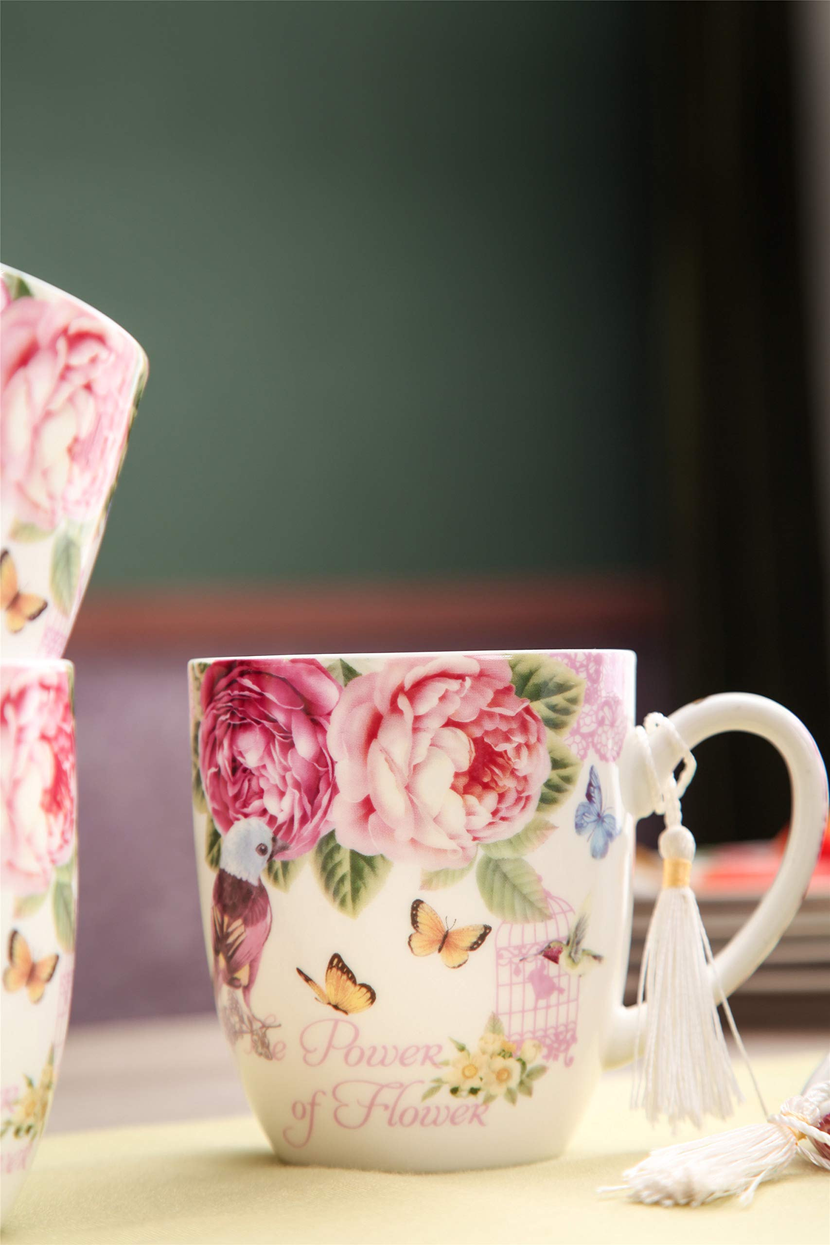 London Boutique Tea Coffee Cup Mug Set 4 Porcelain Bird Rose Butterfly Shabby Chic design in Gift Box 330ML 11oz