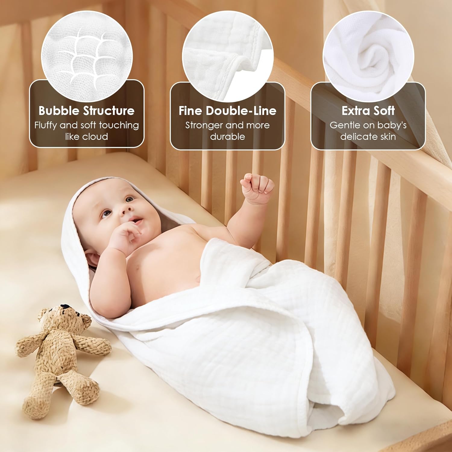 Sunny ZzzZZ Muslin Baby Bath Towels - 3 Pack of Soft 100% Cotton in Low-Saturation Pastels | 32x32 Inch