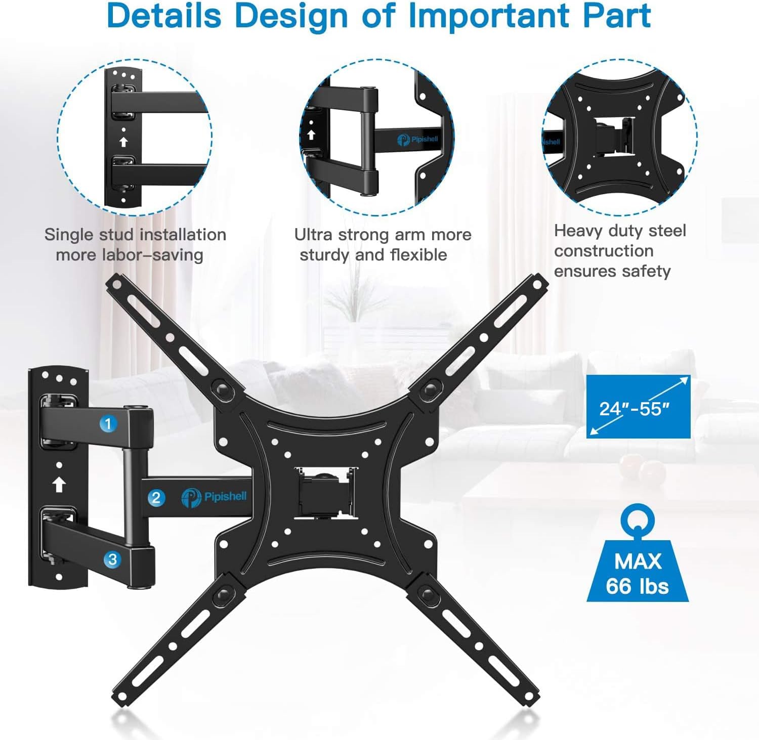Pipishell Full Motion TV Wall Mount - Articulating Arms for 24-55 Inch LED LCD TVs | Max VESA 400x400mm, 66lbs Capacity