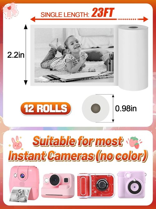 Kids Instant Camera Print Refill Paper by [Brand Name] - 12 Thermal Rolls for Fun Photos | Perfect Gift for Ages 4-10