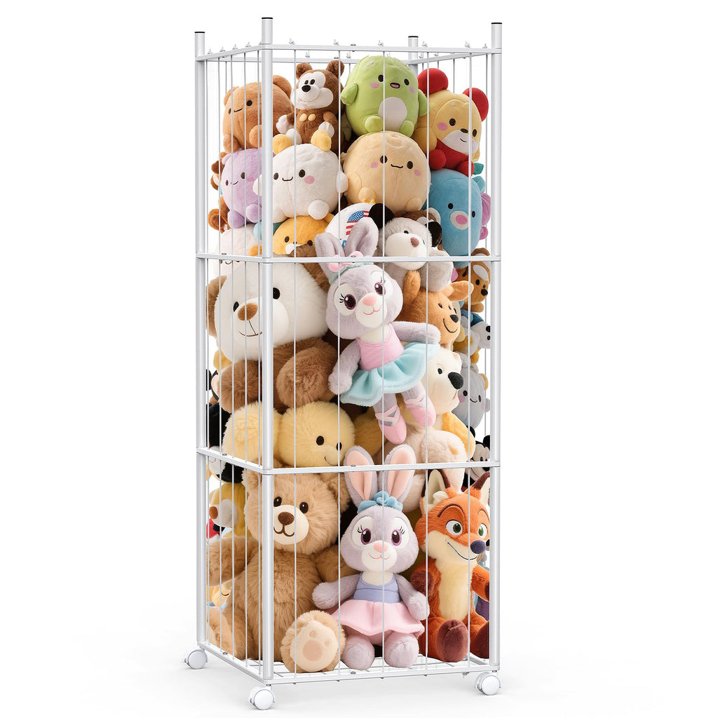 GoKEDA Stuffed Animal Storage,Extra Large Metal Stuffed Animals Storage Tower,Heavy Duty Stuffed Animal Holder with Elastic Plushies Storage Organizer for Nursery,Kids Room,Playroom (White)