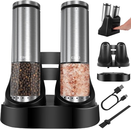 EIHO Electric Salt and Pepper Grinder Set - USB Rechargeable, Adjustable Coarseness, Stainless Steel with LED Light