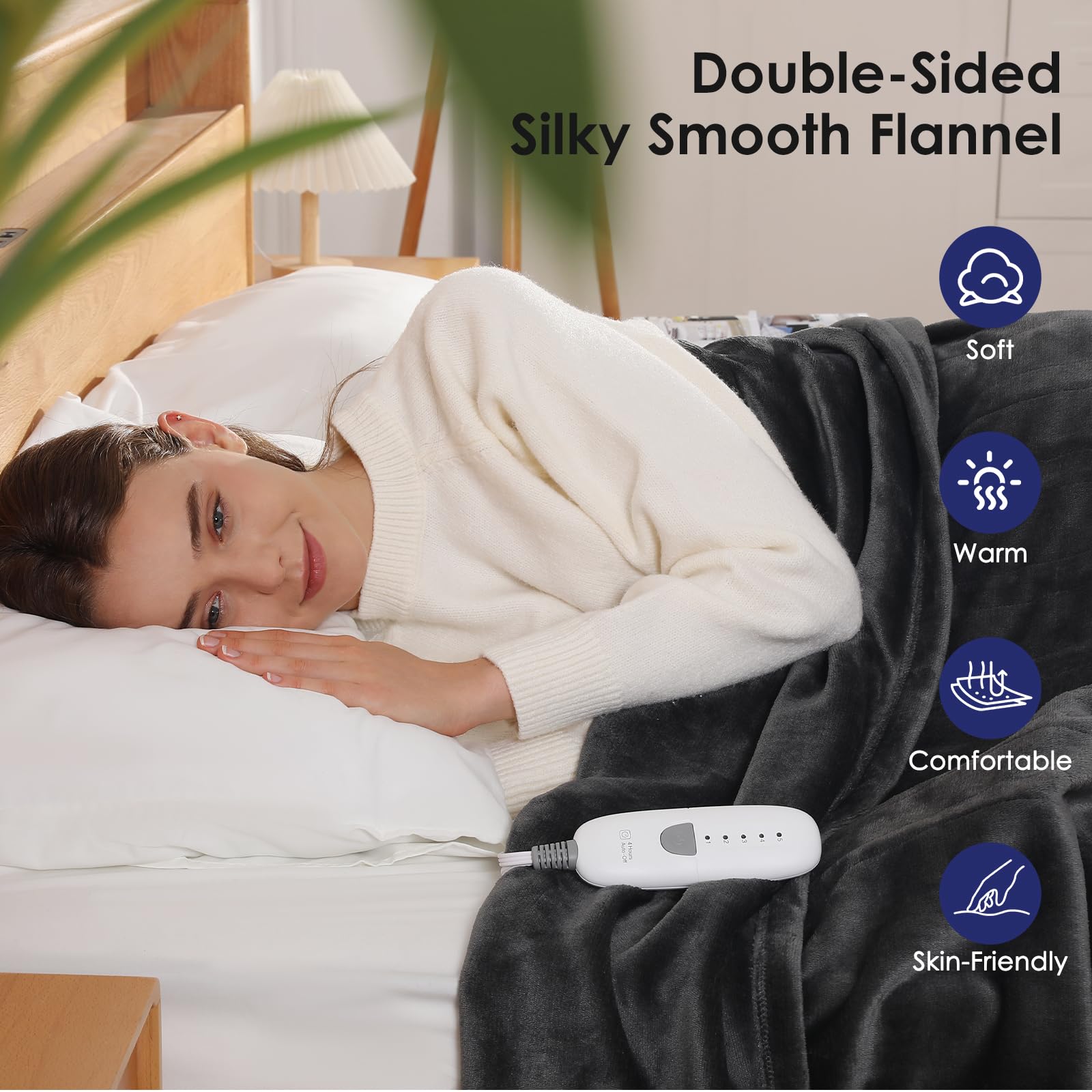 Heated Blanket Full Size Electric Blanket 72" X 84" with 5 Heating Level & 10 Hour Auto Off, Ultra-Warm Selected Flannel Heating Blanket for Adults, Machine Washable, Gifts for Grandma(Charcoal Grey)