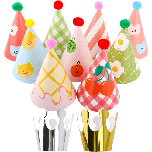 Inxens Mini Party Hats for Kids, 11 Piece Birthday Cone Hats for Stuffed Animals and Pets, 9 Paper Cones and 2 Crowns, DIY Assembly with Pom Poms, Cute Cherry Smiley Design