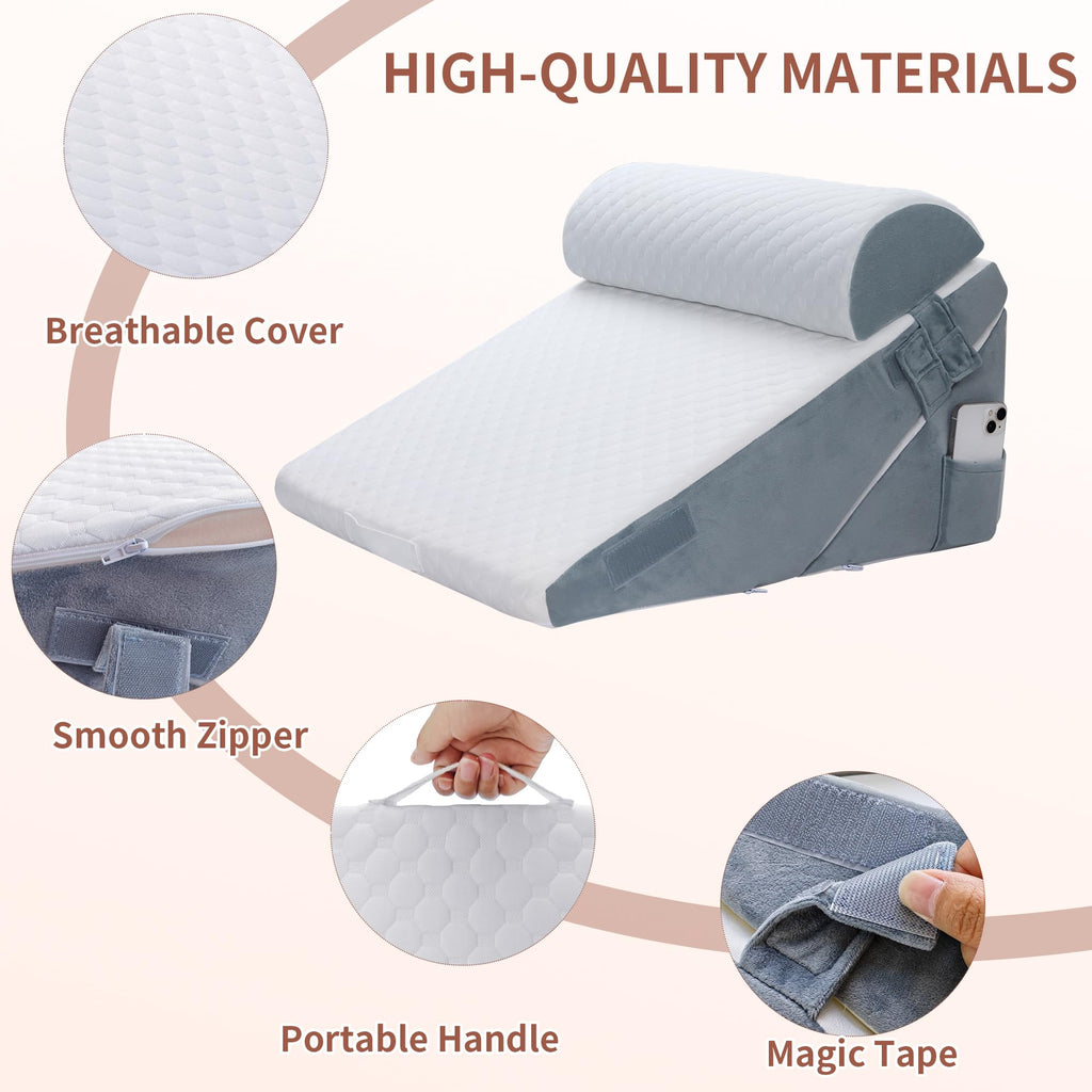 VMFKPNR 3PCS Bed Wedge Pillow Set for After Surgery, 9&12inch Orthopedic Memory Foam Adjustable Pillow Wedge for Acid Reflux Relief, Back Pain, Neck&Back Support