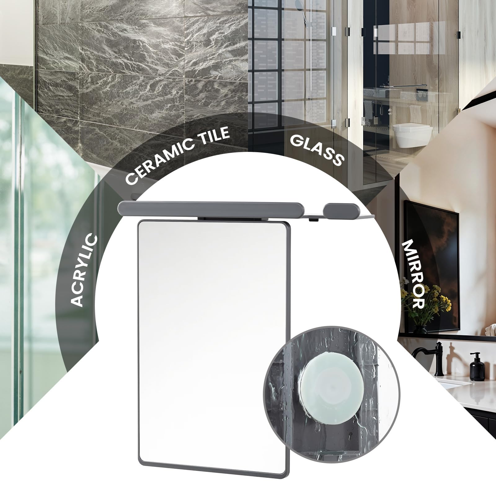 TAILI Shower Mirror Fogless for Shaving with Razor Holder, Anti-Fog with Powerful Suction Wall Mounted for Bathroom, Makeup Shave Mirror for Men & Women, Shatterproof & Removable, Grey