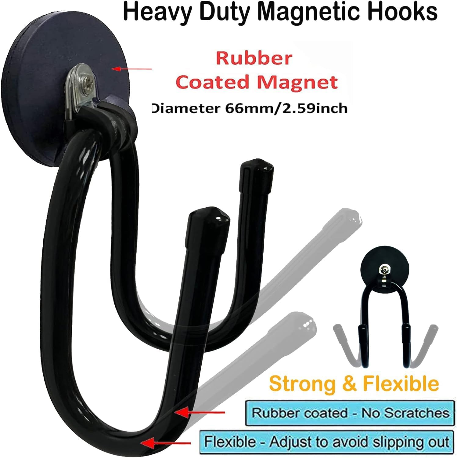 Pmsanzay Heavy-Duty Magnetic Garage Storage Hooks - Rubber Coated Organizer for Tools | 2 Pack (Black)