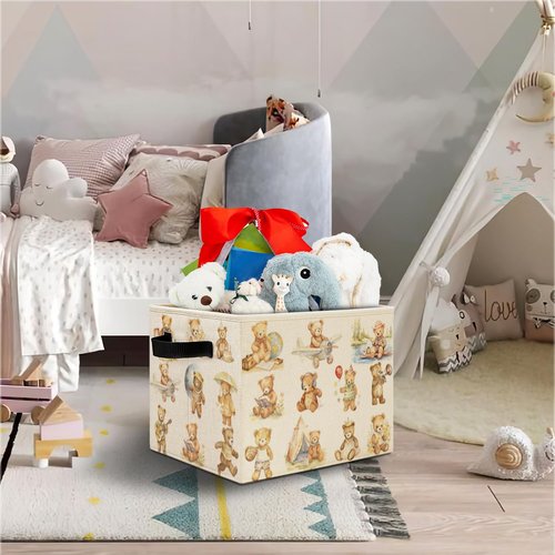 Elefeltclave Teddy Bear Sports Nursery Theme Storage Bins,Baby Bear Collapsible Storage Basket Organizer for Toddler Kids Bedroom Playroom Nursery Bathroom Clothes Toys Books, Toybox for Girls