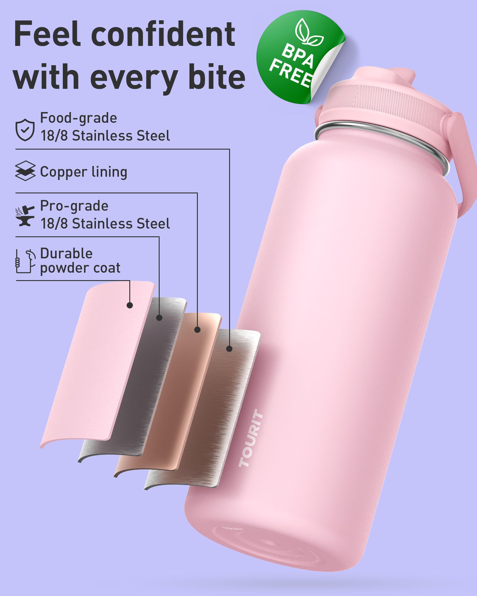 TOURIT 24 oz Insulated Water Bottle, Stainless Steel Water Bottles With Straw, Double Wall Vacuum Metal Thermos for Cold and Hot Drinks, Leak Proof BPA Free Water Flask for Sports and Travel, Hot Pink