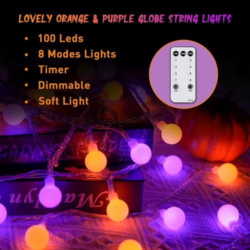 JMEXSUSS 100 LED Globe String Lights - 33ft Indoor/Outdoor Fairy Lights with Remote | 8 Modes in Orange & Purple
