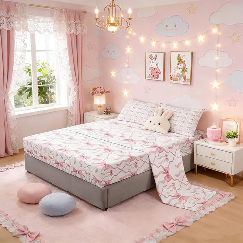 Erosebridal Pink Bow Bed Sheets for Kids Teen Women,Cute Ribbon Bowknot Full Bedding Sets for Girls Kawaii Watercolor Bow Tie Sheet Set,Pink White Princess Bow Bed Sheet Set 4 Piece