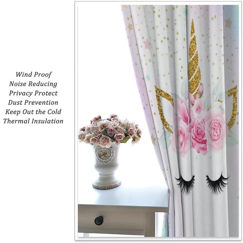 Kids Unicorn Curtains Rainbow Unicorn Window Curtain Fabric Thermal Insulated for Girl Room 42X45 Inch Decor