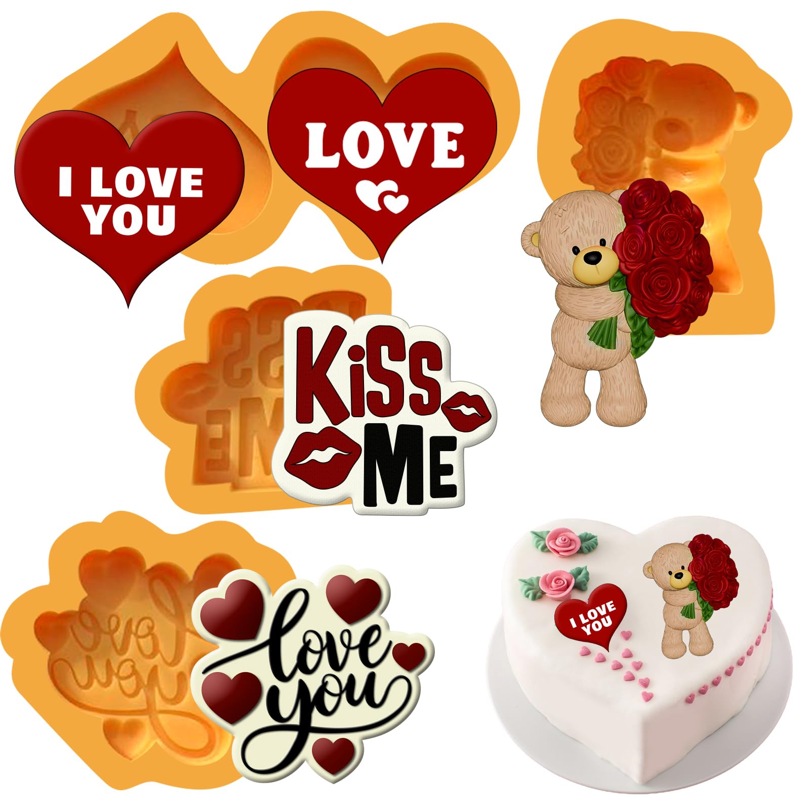 Valentines Day Silicone Molds – 4- Piece Set with Bear, Hearts & Love Phrases | Silicone Valentines Molds for Chocolate, candy, Fondant, Resin, perfect size for chocolate covered strawberries.