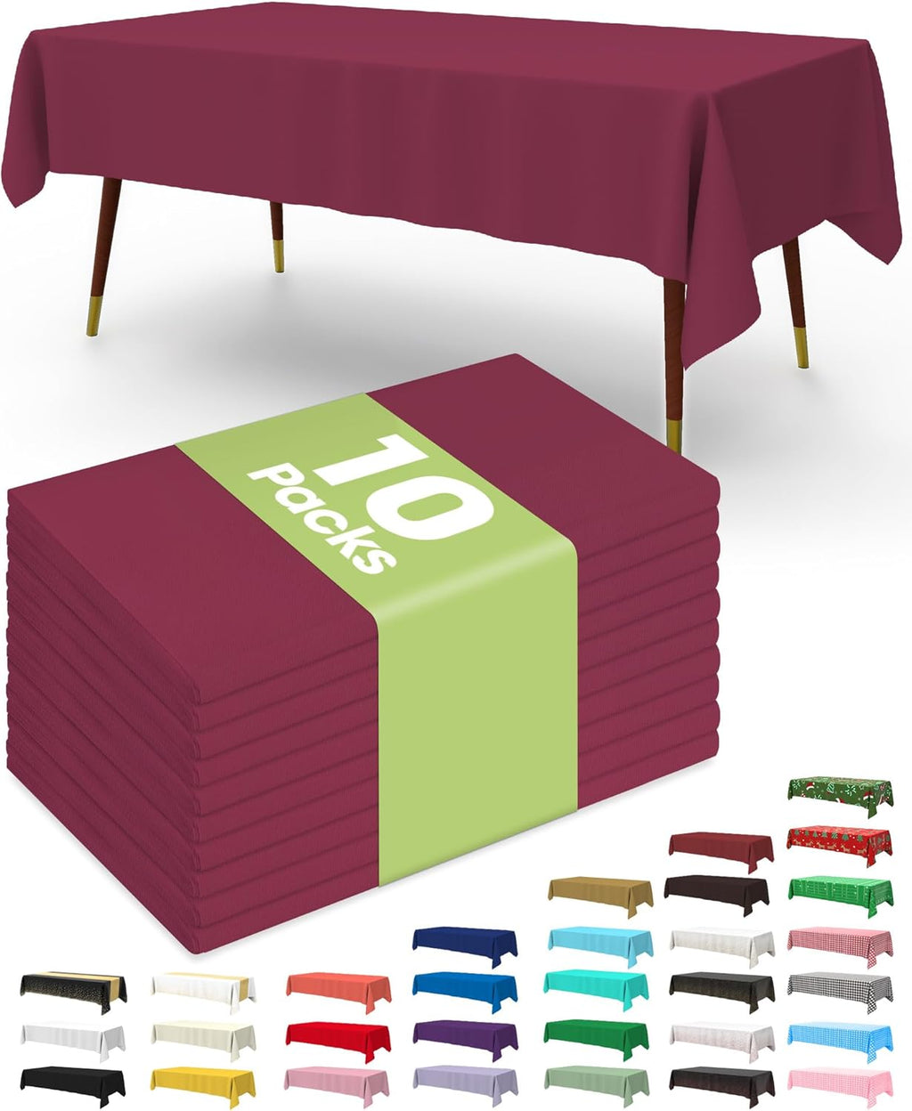 Pureegg Disposable Plastic Table Cloths - 10 Pack, 54 x 108 Inch, Leakproof Burgundy for Parties & Thanksgiving