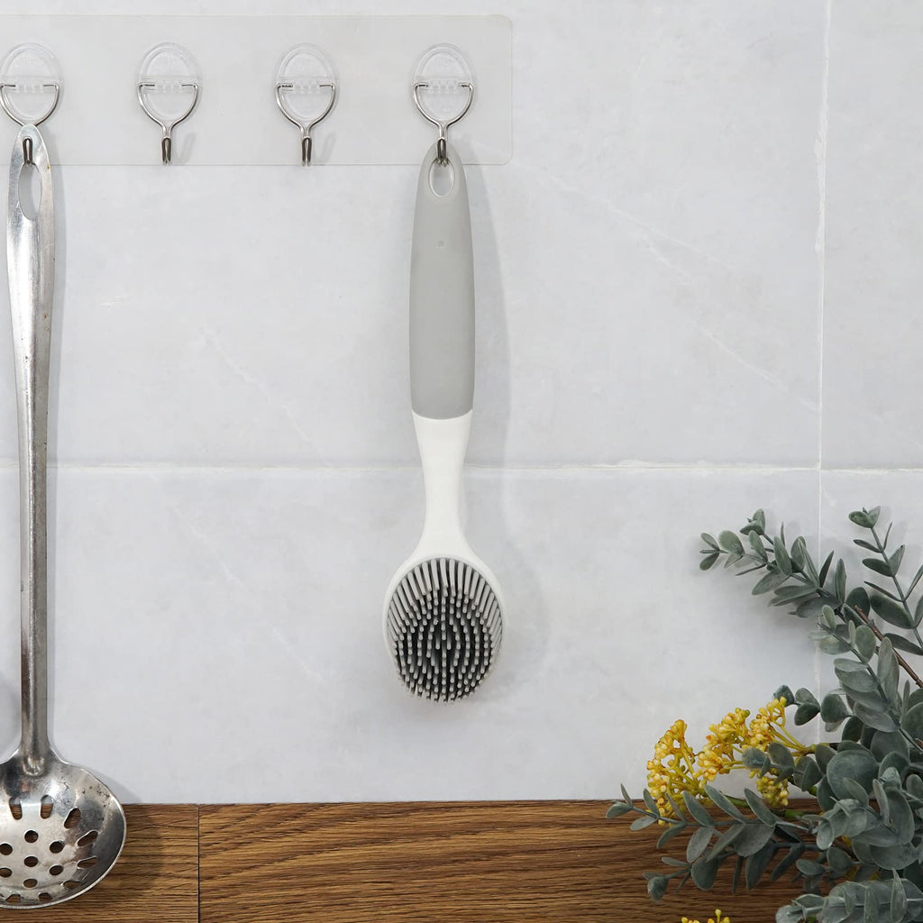 Dish Scrubber, Silicone Soft Bristles Scrub Brush with Scraper Tip, Comfortable Grip Brushes for Kitchen Sink, Pans, Pots, Skillet, Vegetable, Fruit, Potato Cleaning (Grey Style2)