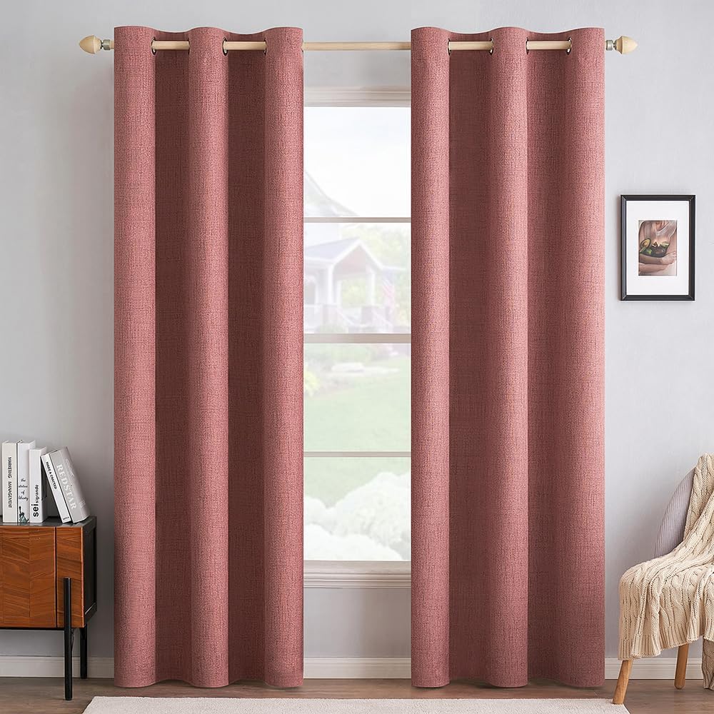 MIULEE 100% Blackout Linen Textured Curtains - Thermal Insulated Dusty Rose Drapes | 42 x 84 Inch (2 Panels)