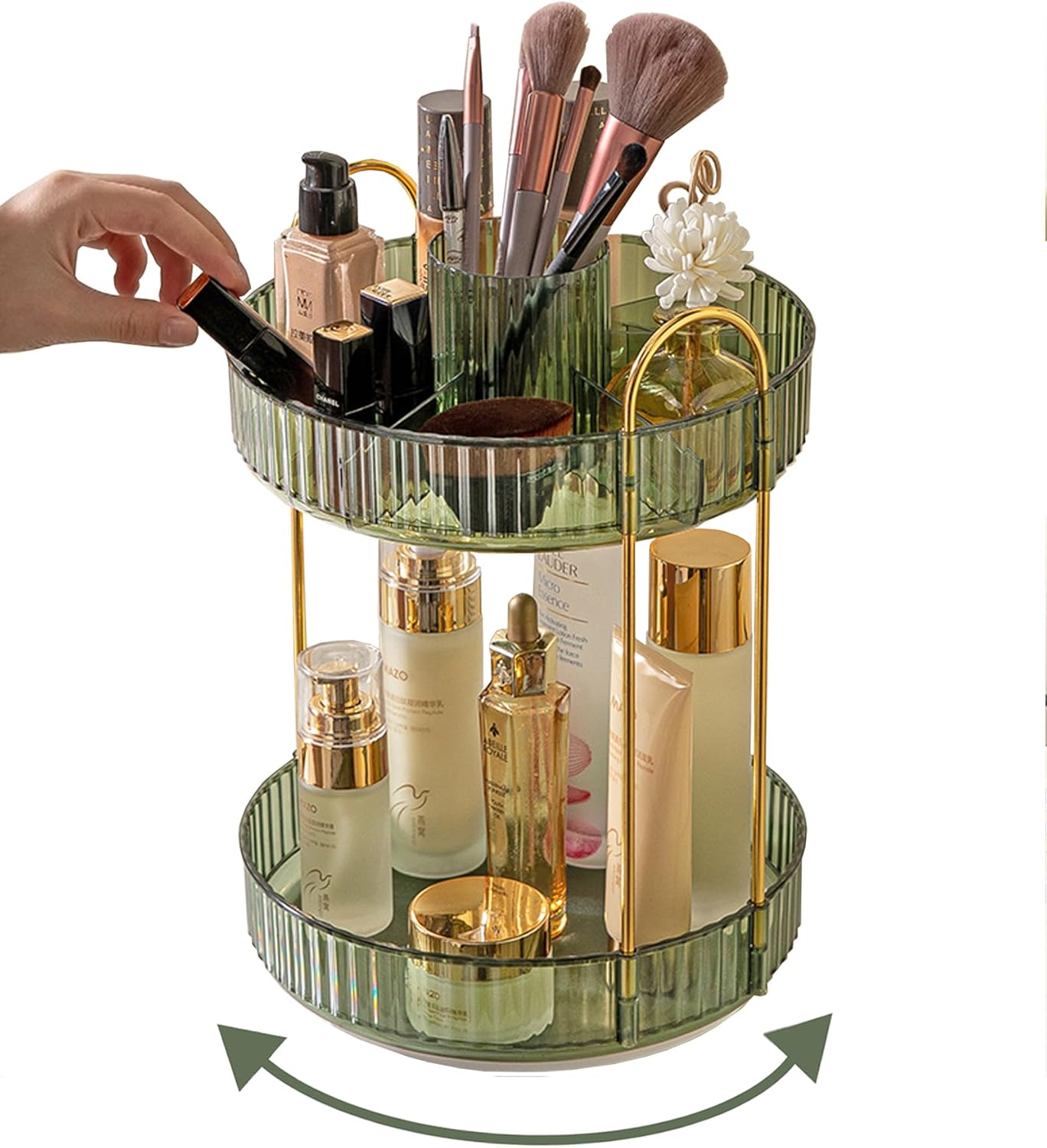 Asayuee 360° Rotating Makeup Organizer - 2-Tier Large Capacity for Skincare & Perfume | Green
