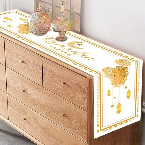 Eid Mubarak Table Runner Decorations,White and Gold Ramadan Mosque Lattern Happy Holiday Kitchen Dining Table Decor for Home Party Supplies 13 x 72 Inch