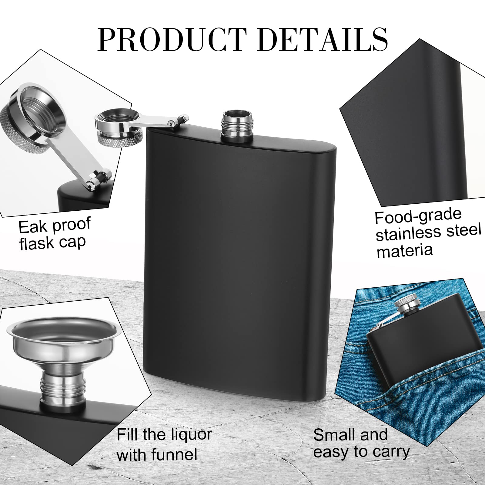 Hoolerry 30 Pack Hip Flasks for Liquor,Stainless Steel Whiskey Flask Set with Funnels Pocket Bulk for Groomsmen Gifts, Bridesmaids, Bachelor Party, Wedding Favor Supplies(8 oz,Matte Black)