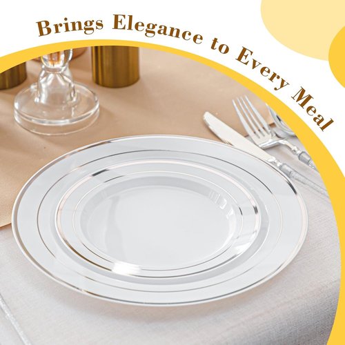 Elegant Disposable Party Plates - 200PCS Silver Rimmed Dinner & Dessert Plates Set