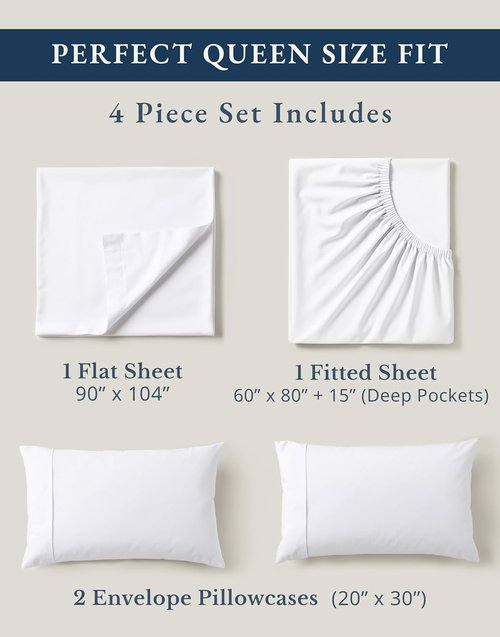 **LANE LINEN Organic Cotton Queen Sheet Set - Eco-Friendly, Soft & Comfy, 15" Deep Pocket - White**