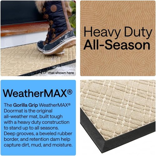 GORILLA GRIP Waterproof All-Season WeatherMAX Doormat - Natural Rubber, Stain & Fade Resistant, 29x17, Modern Latte
