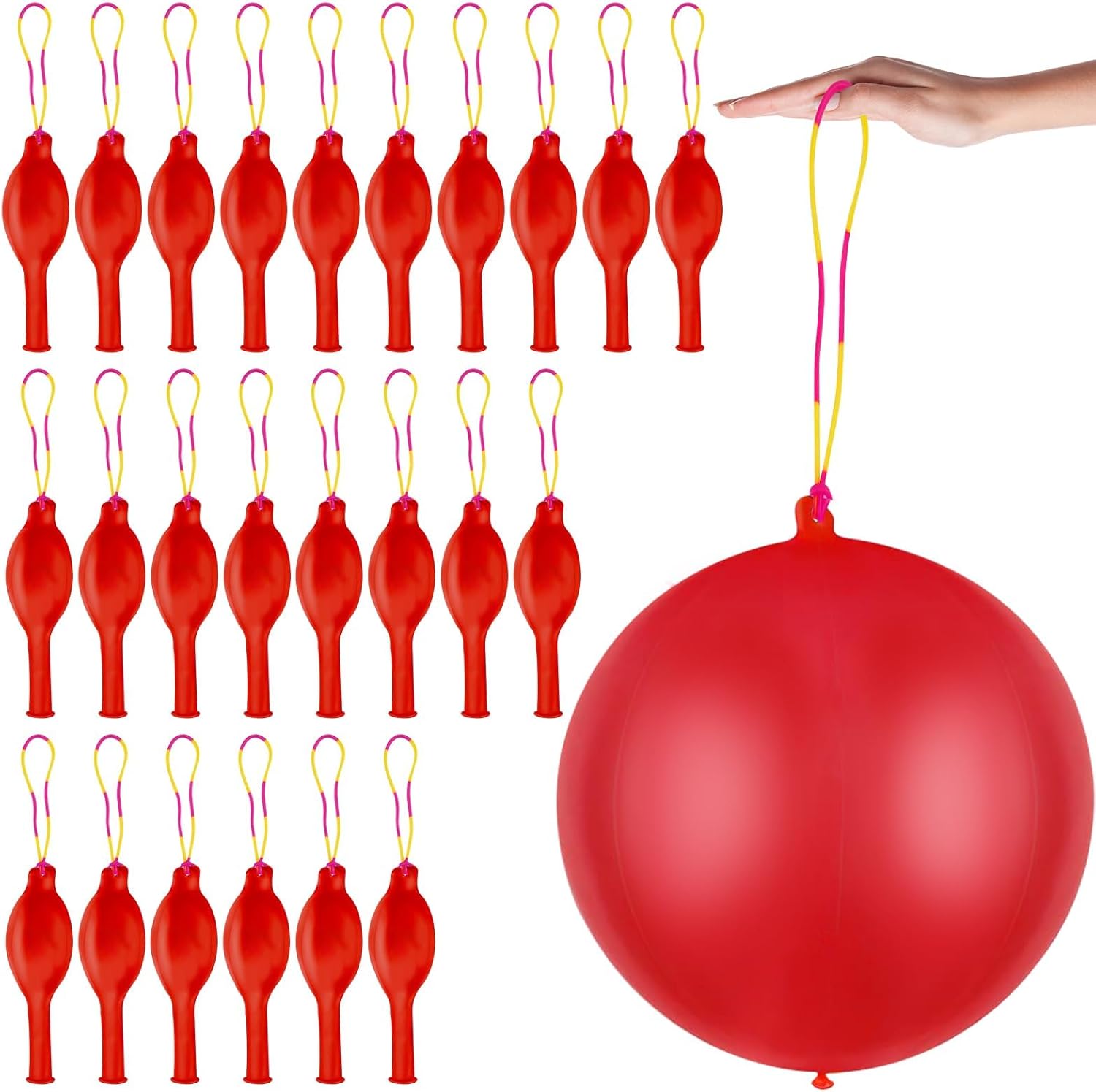 Punch Balloons by Skiennix - 24 Heavy-Duty Red Bounce Balloons with Rubber Band Handle for Kids' Birthday Parties