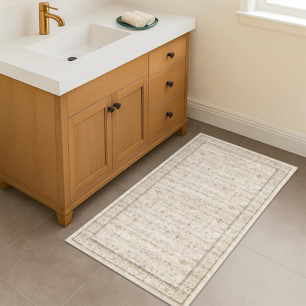 Skiennix Cream 2x5 Runner Rug - Geometric Floral Design, Washable for Bathroom & Entryway, Soft Non-Slip Beige Carpet