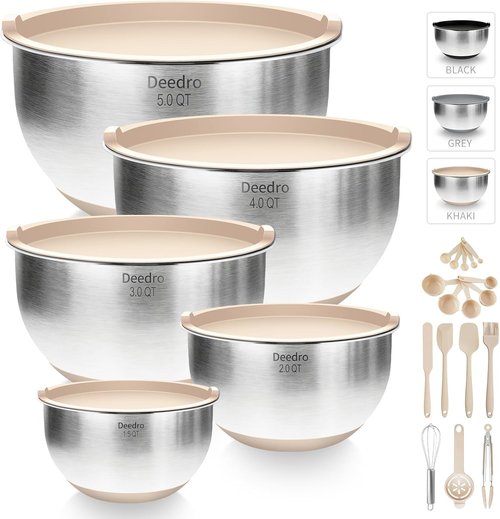 Deedro Premium Mixing Bowls Set - 22 Pcs Thicker Stainless Steel with Airtight Lids | Non-Slip Silicone Base, Khaki