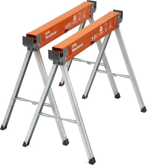 BORA Workhorse Saw Horses - Heavy Duty Folding Metal Sawhorses with 2x4 Bracket & Built-In Bottle Opener | 2-Pack