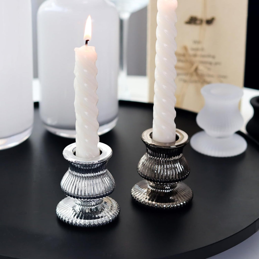 WDHODEC Black & White Candlestick Holders - 12PCS Glass Taper Candle Holders for Weddings & Parties