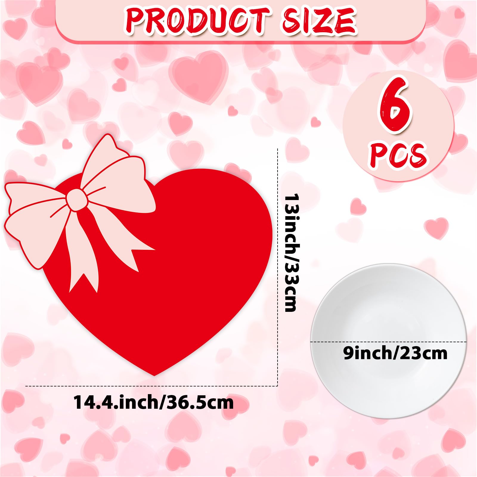 Valentine's Day Placemats Set of 6 Valentines Bow Heart Plastic Table Mats Sweet Red Heart Shaped Place Mats Washable Waterproof Table Decoration for Wedding Anniversary Holiday Party Kitchen Dining