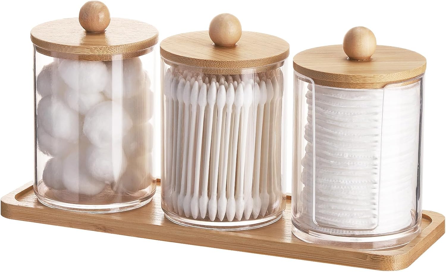 Tbestmax Qtip Holder - Clear Apothecary Jar with Bamboo Lid | 10 oz Cotton Swab Dispenser, 3 Pack