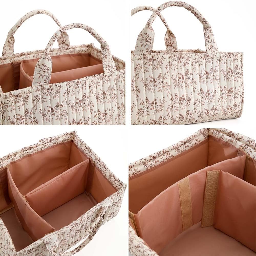 MOMIGO Floral Baby Diaper Caddy Organizer - Stylish Water-Resistant Nursery Storage Basket | Perfect for Diapers & Wipes (Orange)