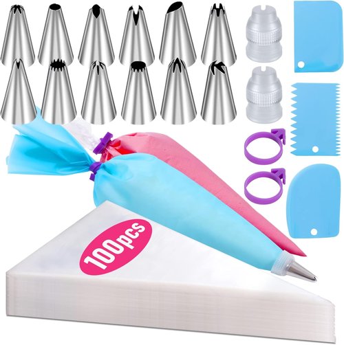 100Pcs Piping Bags Set by [Brand Name] - 12 Inch Disposable Icing Bags for Cake Decorating | Includes Reusable Bags & Frosting Tips