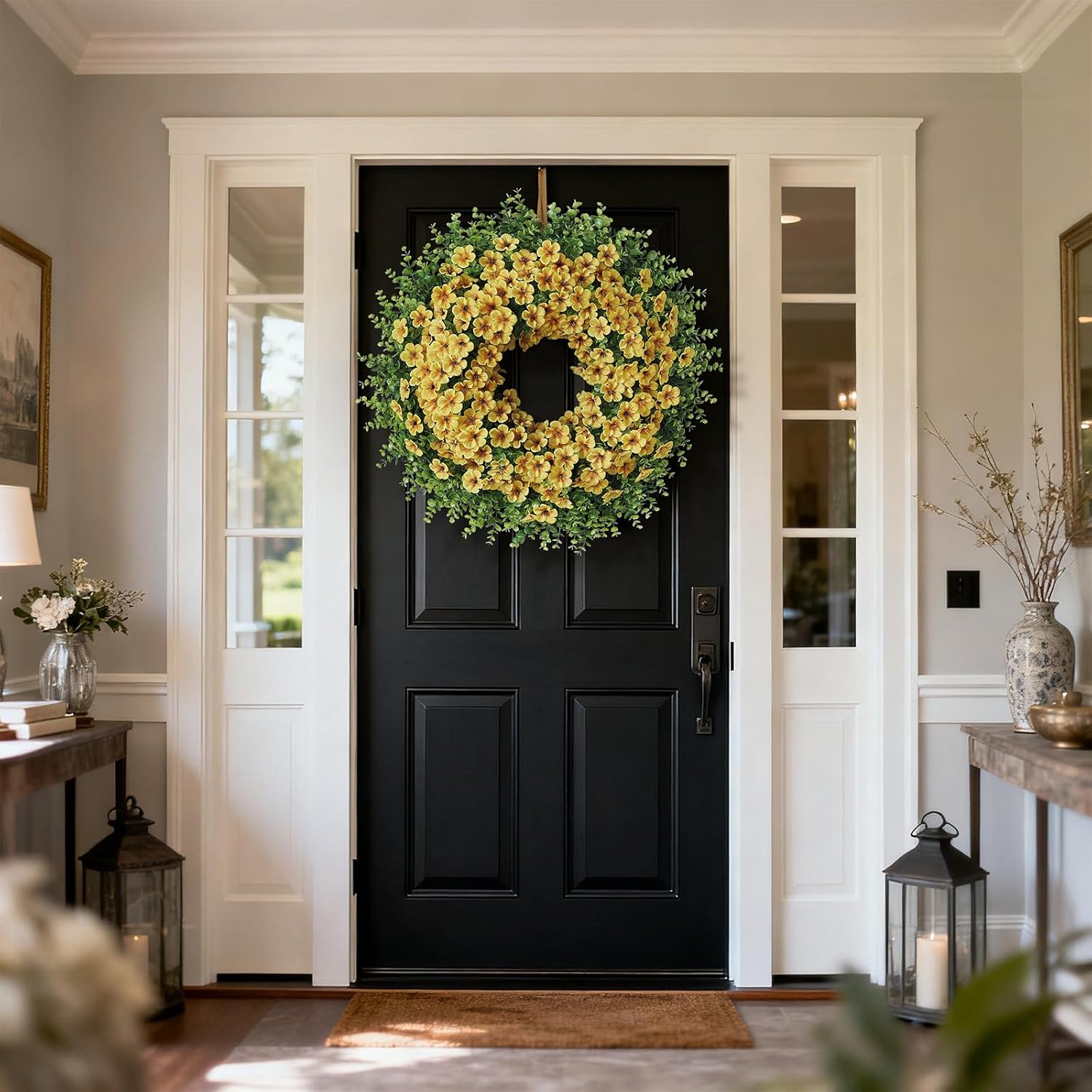 Skiennix 26" Large Artificial Eucalyptus Wreath - Realistic Faux Silk Morning Glory Flowers for Home & Wedding Decor (Yellow)