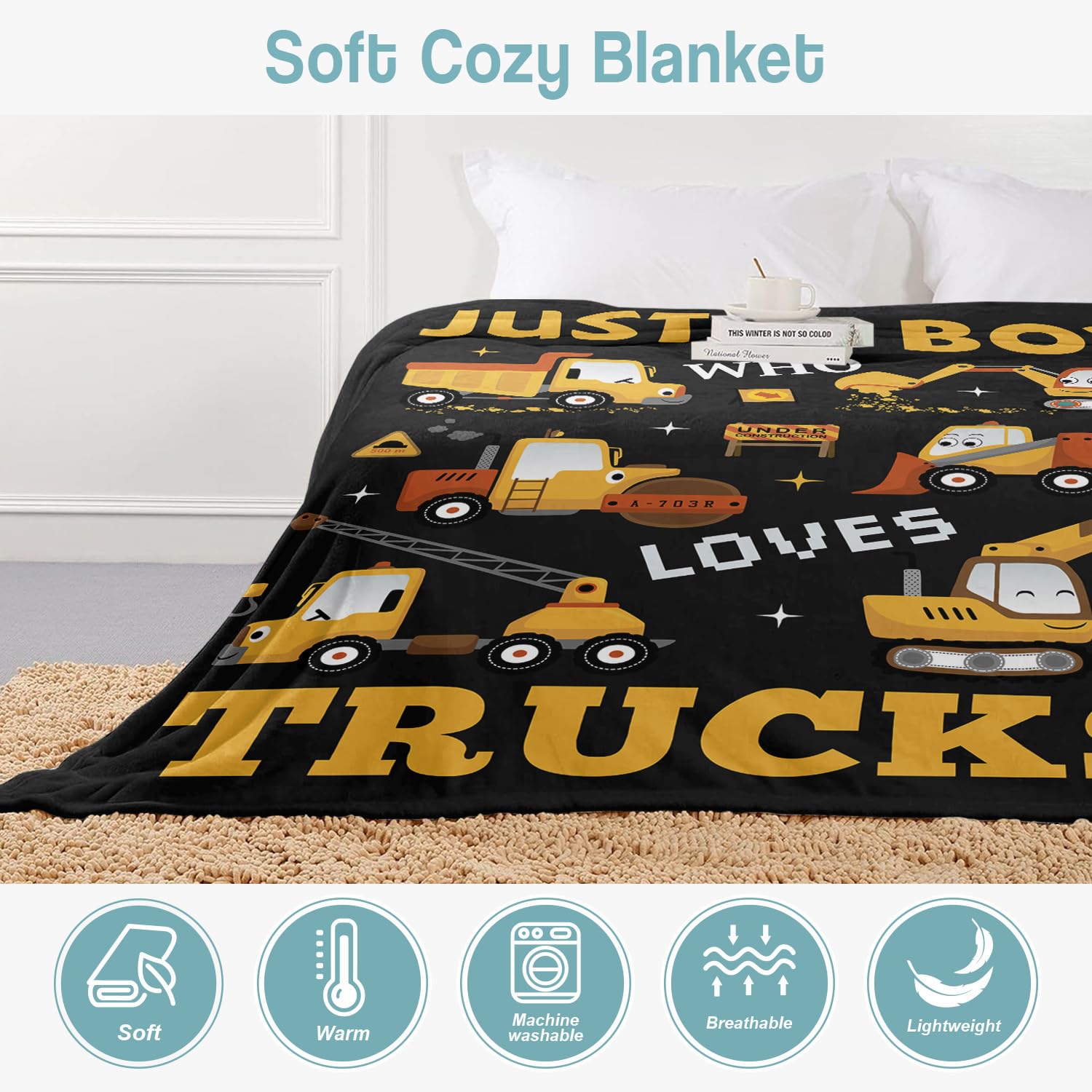 XSMEI Tractor Excavator Blanket, Just A Boy Who Loves Construction Trucks Blanket, Soft Warm Cozy Fleece Throw, Gifts for Boys Teens Kids, 40"x50", Black