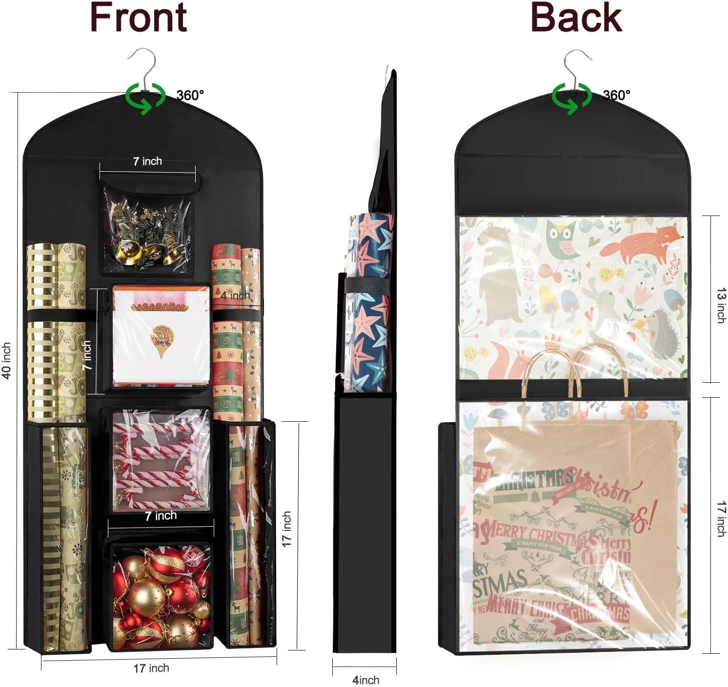 Woodoulogy Gift Wrapping Paper Storage Bag - 40" X 17" Double-Sided Black Organizer for Christmas Wrap