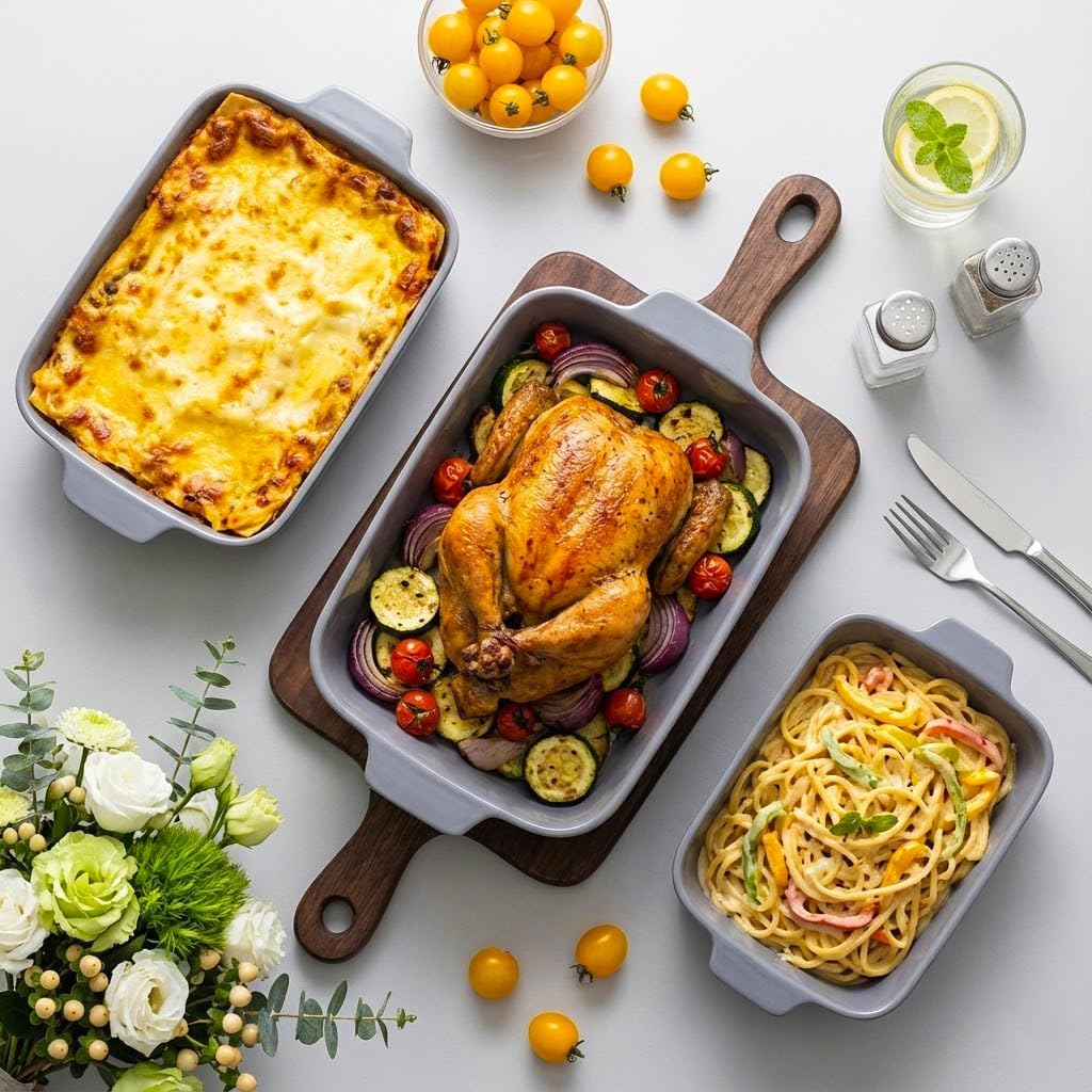 Yachi Ceramic Casserole Dishes Set - 3-Piece Rectangular Bakeware with Handles | Microwave & Dishwasher Safe, Gray (14.8''/12.7''/9.8'')