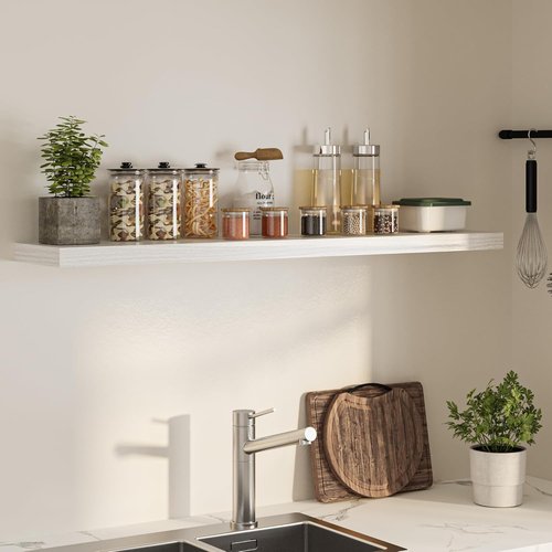 FLYJOE Floating Wall Shelves - 55"W Wooden Display Shelf with Invisible Brackets | White, Ideal for Living Room & Bedroom