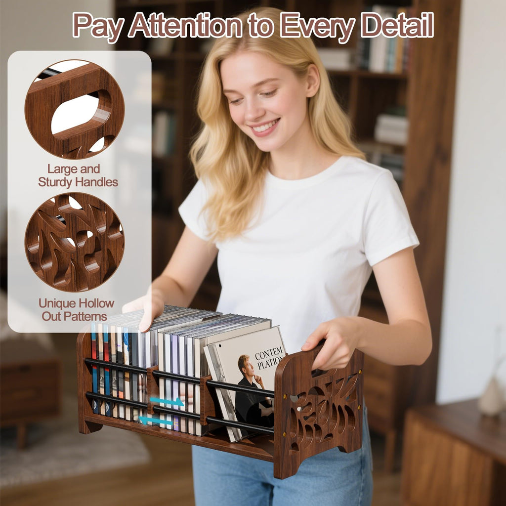 QILICHZ CD Holder,DVD Holder Storage,Wood CD Rack Organizer,DVD Rack,Cassette Tape Storage with Dividers for CDs, DVDS, Tapes,Video Game Cases, Tape Display Stand, Hold 35Pcs