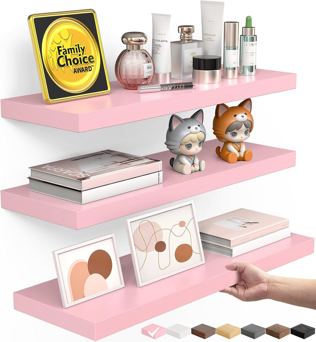 BAYKA Floating Wall Shelves - Set of 3 Pink Wood Shelves for Bathroom, Bedroom & Living Room | 15.7in, 22lbs Capacity