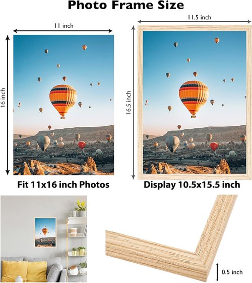 JCJMY 11x16 Picture Frame - Wall Mounting Horizontally or Vertically | Shatter-Resistant Plexiglass, Natural Finish