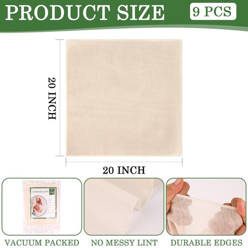 WMKGG 9 PCS Reusable Unbleached Cotton Cheese Cloth 20x20 Inch, Grade 100 Precut Cheesecloth for Straining Hemmed 4 Edges Fine Mesh Cotton for Cooking, Juicing, Cheese Making, Baking, Yogurt